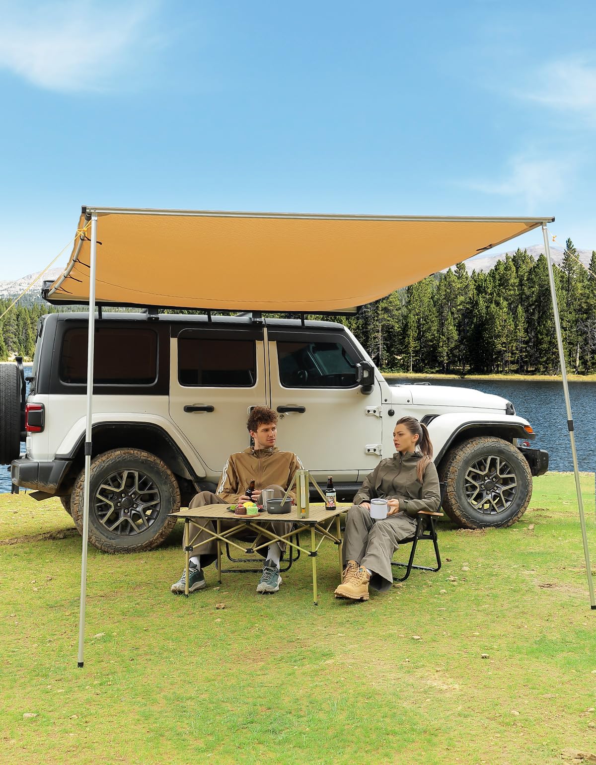 JOYTUTUS Vehicle Awning 4.6'x6.6' Roof Rack Pull-Out Sun Shade UV50+, Weatherproof 4x4 Side Awning for Camping, Car Sunshade with Adjustable Hardware, Quick Set-up, SUV/Truck/Van/Jeep
