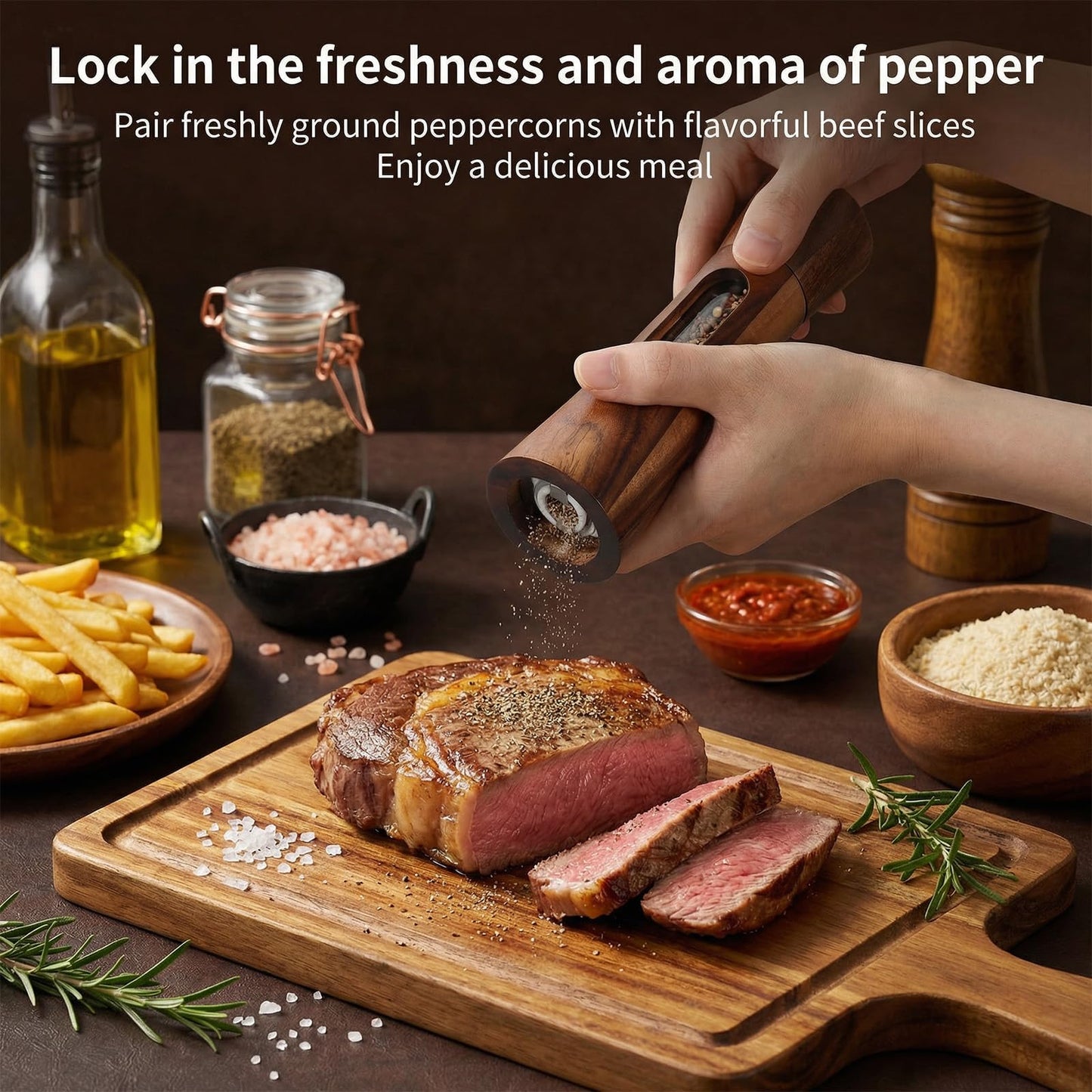 Wood Salt and Pepper Grinder Set, 8 inch Manual Refillable Wooden Salt and Pepper Shakers Mill with Brush, Tray and Spoon, Adjustable Coarseness, Solid Wood with Ceramic Stainless Steel Core