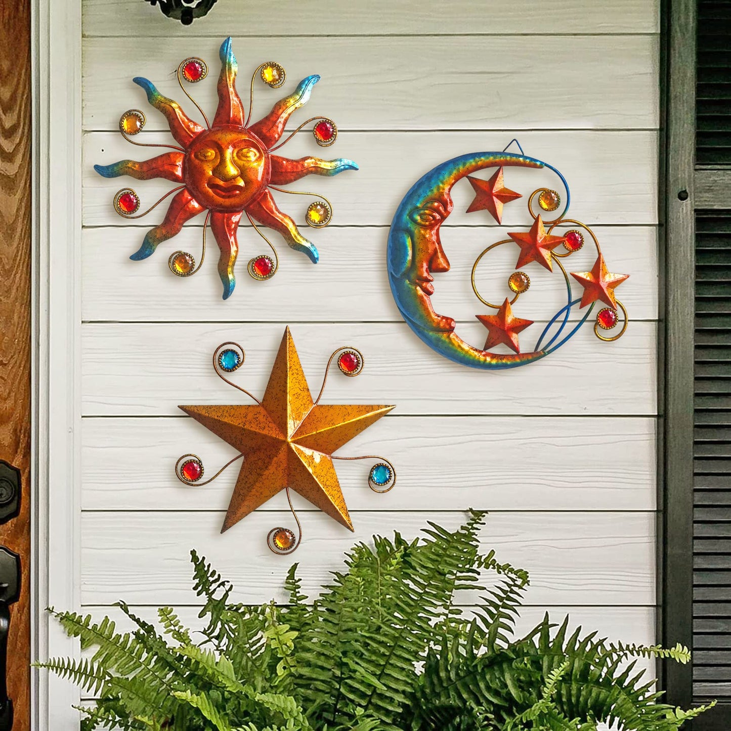 Limygus Set of 3 Celestial Sun Moon Star Metal Silhouette Wall Art, Waterproof Hanging Decor for Home Bedroom Bathroom Office