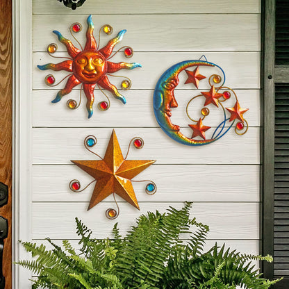 VividLadybug Celestial Wall Decoration Sculpture, Metal Wall Sculpture, Silhouette Wall Decoration, Metal Sun Moon Star Wall Art Sculpture Decoration, Set of 3
