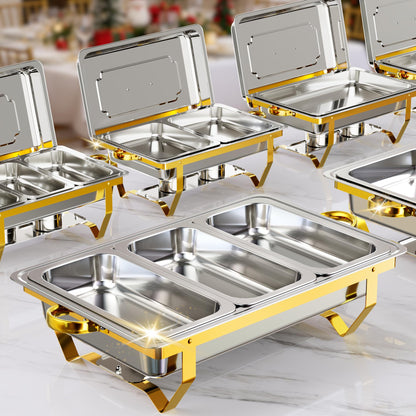 IMXSUMDA 6 Pack Chafing Dish Buffet Complete Set, 9.5QT Large Rolled Edge Stainless Steel Food Warmer with Foldable Frame, Water Pan & Fuel Holder, Elegant Gold & Silver for Party, Wedding, Catering