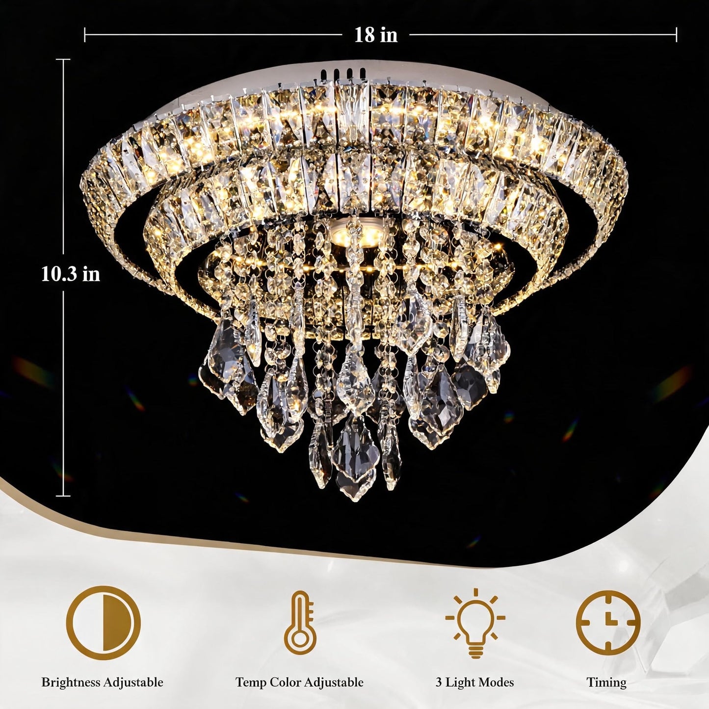 OSGNER 18" Sliver Modern Chandelier with Remote/APP,Flush Mount Crystal Ceiling Light,3-Color LED Dimmable for Living Room Kitchen Dining Room Hallway -Luxury Raindrop Style