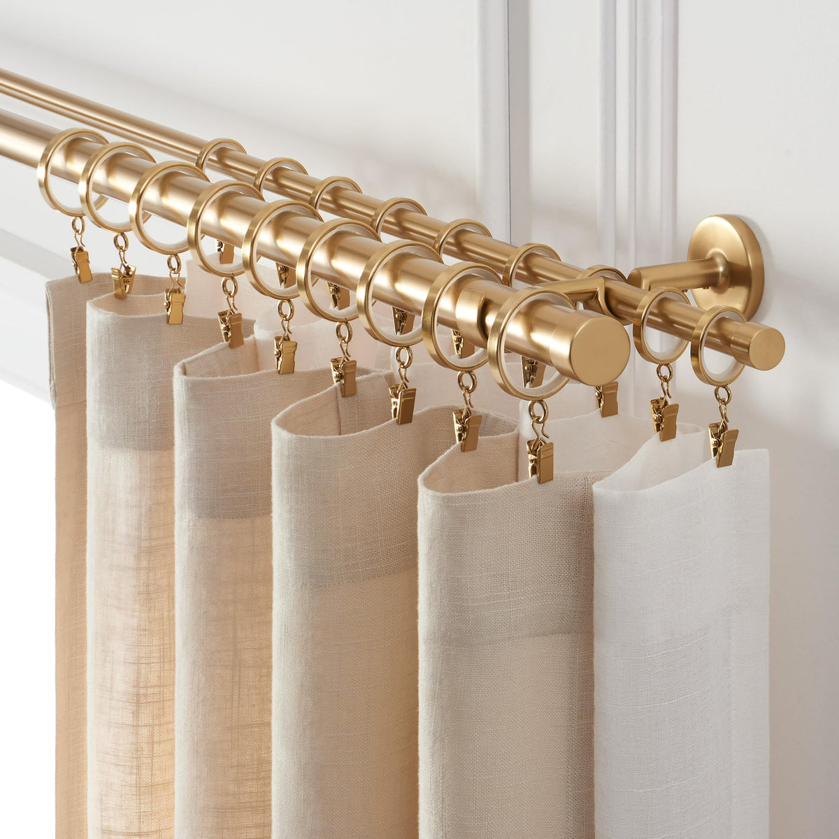 MODE Cambria Designer Series - Premium 7 foot Custom Double Curtain Rod - 1-1/8 inch Large Diameter - Non-Adjustable for a Seamless Look - Premium Designer Brackets and End Caps - Brushed Gold Finish