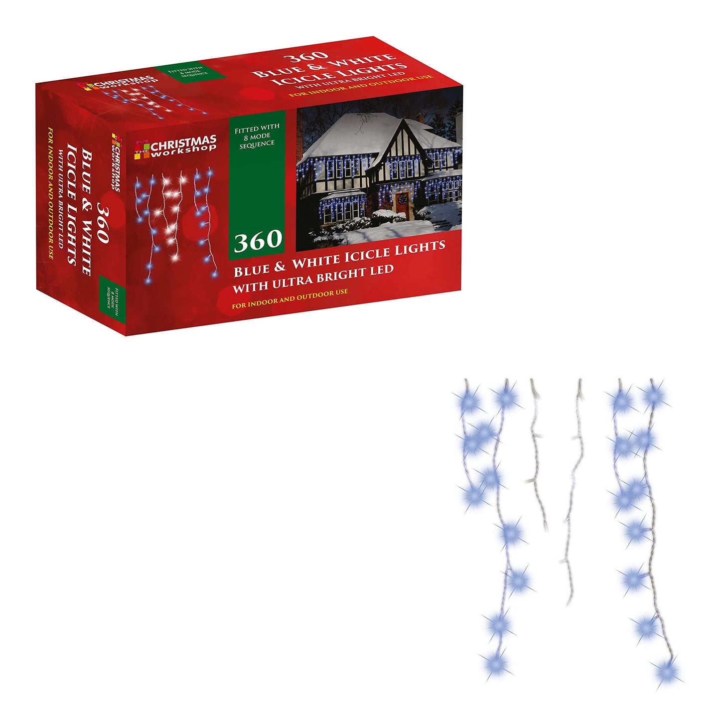 Christmas Workshop 78650 360 Icicle LED Outdoor Christmas Lights | 8.5 Metres | Blue & White Colour | Indoor & Outdoor Fairy Lights | Weddings & Gardens | 8 Functions | Mains Powered