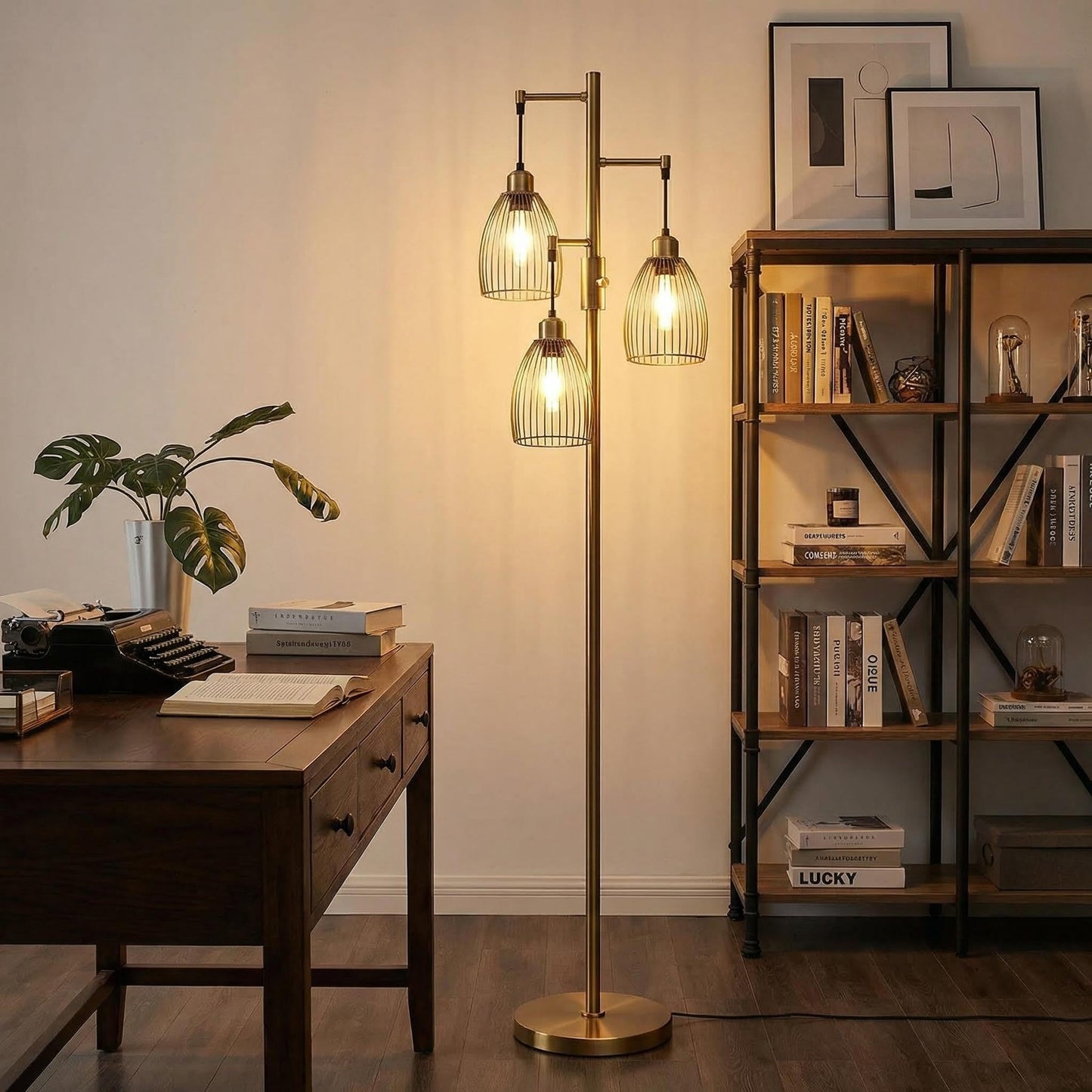 Dimmable Floor Lamp, Industrial Floor Lamps for Living Room, Antique Brass Tree Lamp Standing Lamp Tall Lamps with 3 Elegant Teardrop Cage Head & 800 Lumens LED Bulbs for Living Room Bedroom Office