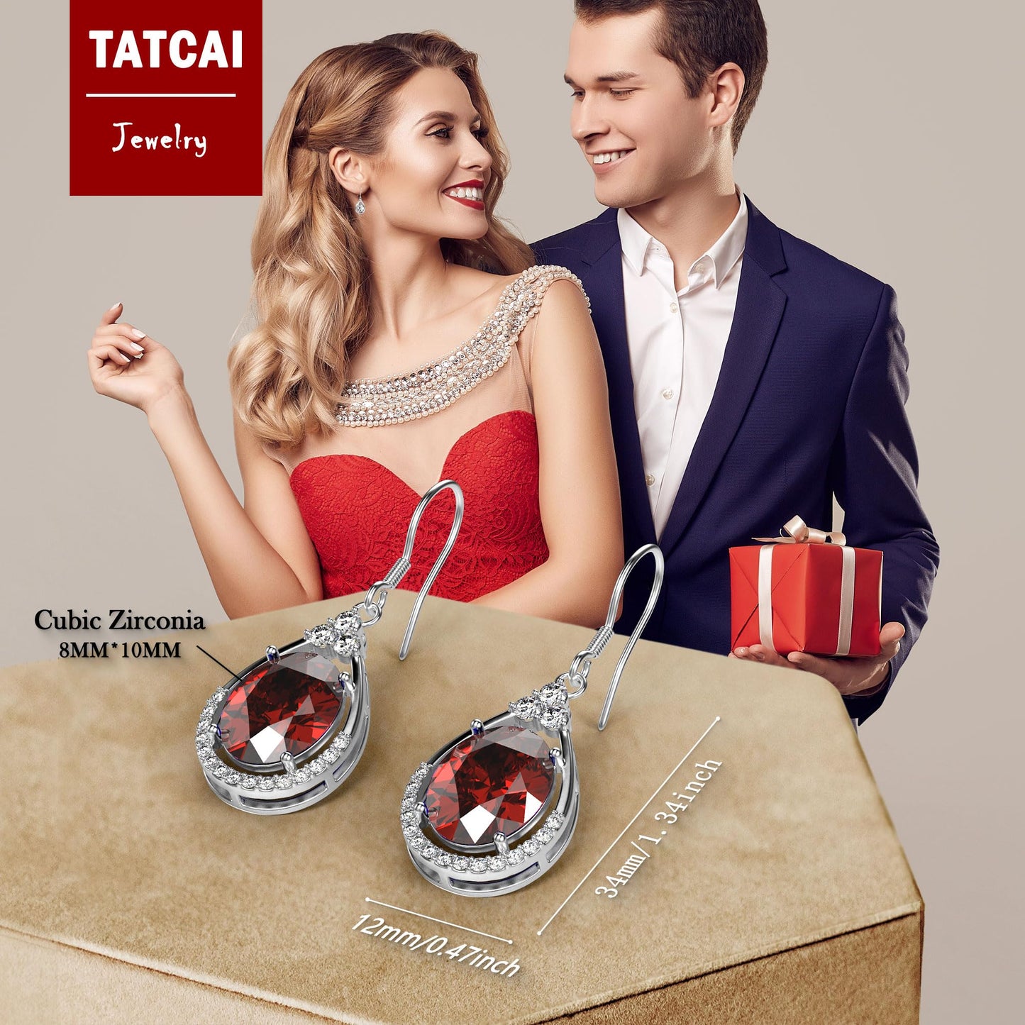 18K White Gold Plated Sterling Silver Oval Cut Cubic Zirconia Drop Dangle Earrings for Women Hypoallergenic Statement Earrings Gifts for Women Mom (Red)