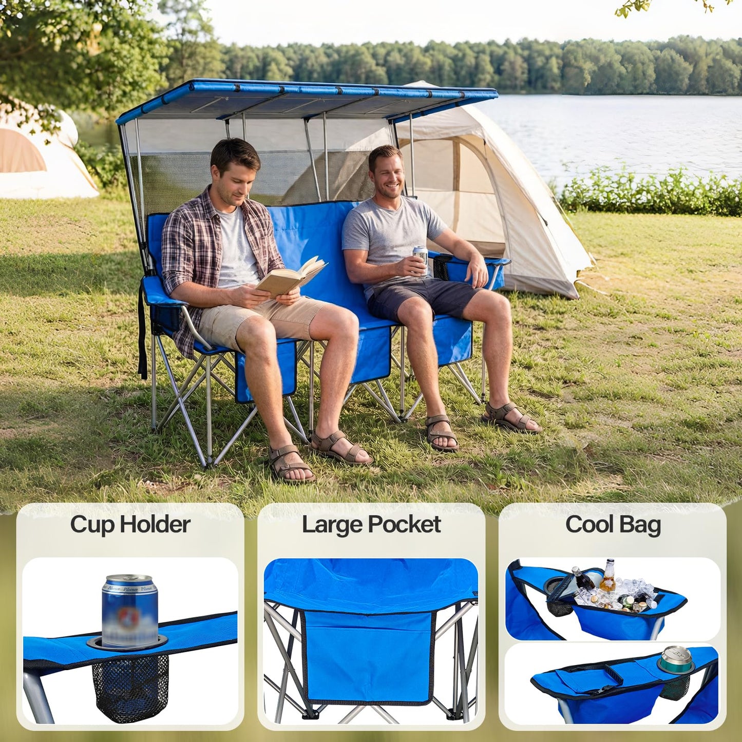 BESTHLS 3 Person Camping Chair with Canopy Shade Oversize Folding Beach Chair with 3 seat for Camp Outdoor Concert Sports（Blue