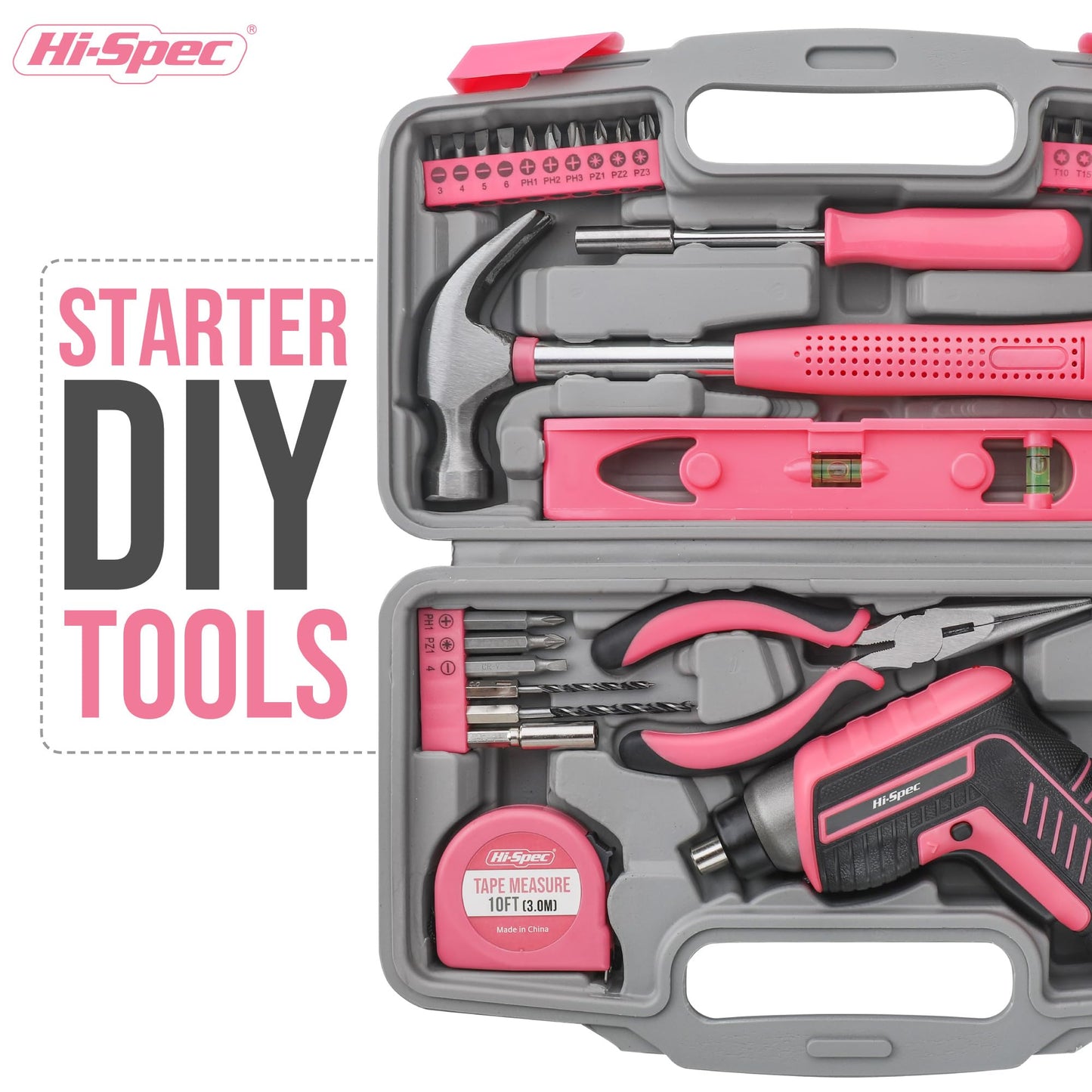 Hi-Spec 35pc Pink Womans Tool Kit Set with 3.6V USB Electric Power Cordless Screwdriver Compact for Home. Starter Basic Ladies Tools for Household DIY Repairs in a Small Toolbox