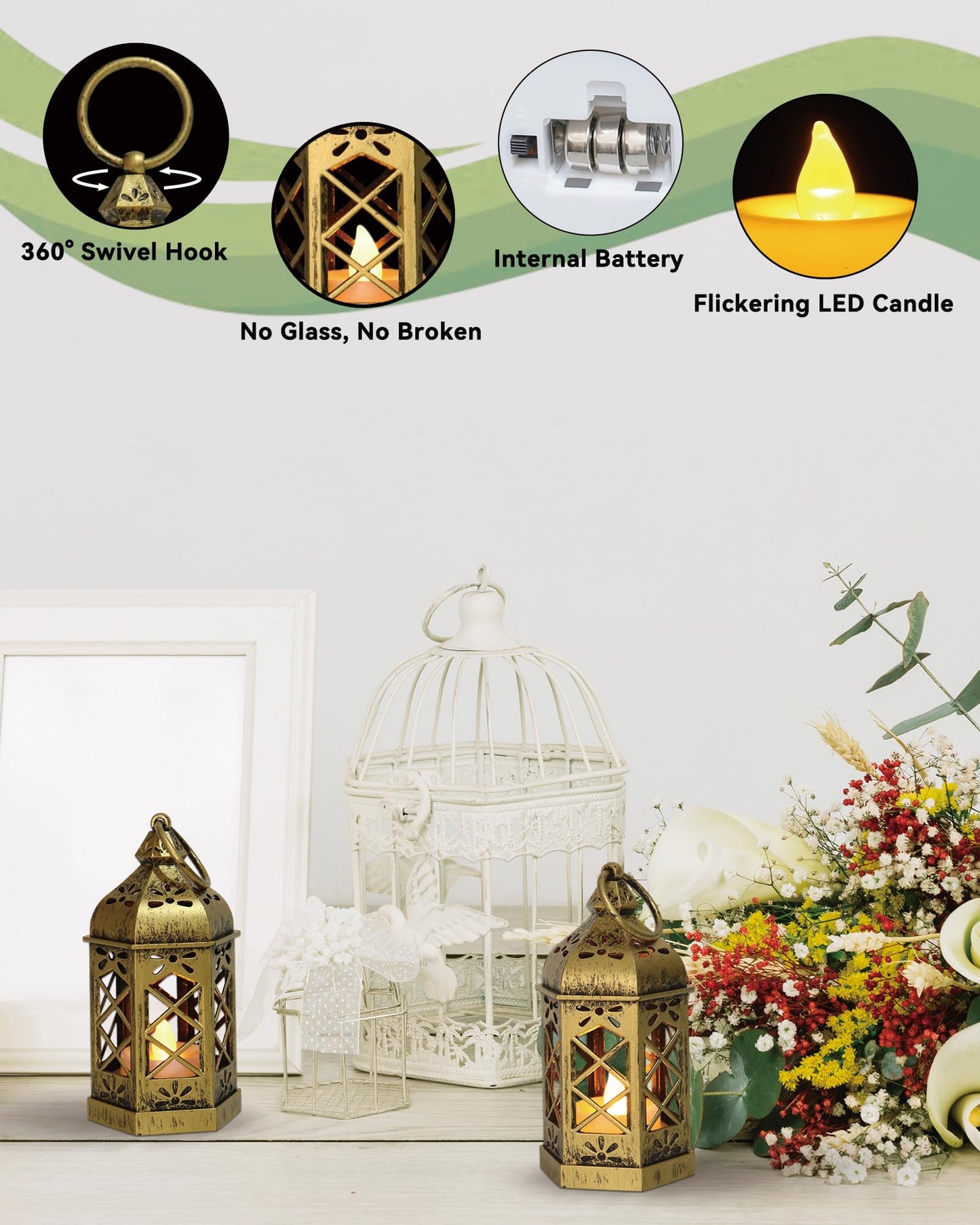 Reperla 8-Pack Mini Lanterns with Flickering LED Candles for Ramadan, Small Decorative Hanging Lanterns for Halloween, Christmas, Wedding, Gold Lantern for Table Centerpiece, Garden Party Decor