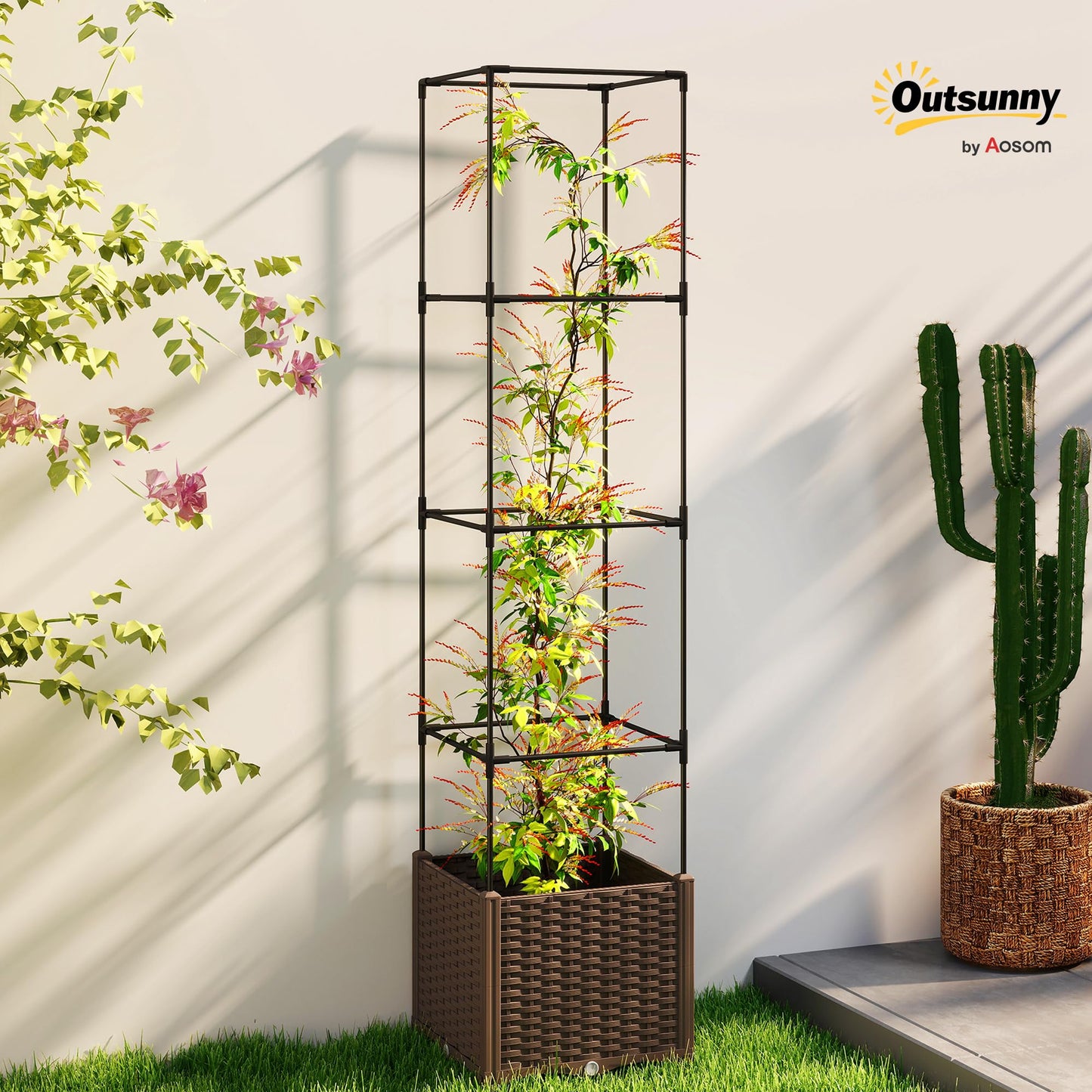 Outsunny Raised Garden Bed with Trellis, 71.7" Tomato Cage with Lockable Wheels, Self Watering Outdoor Planter Box with Drainage Holes and Plugs for Climbing Plants, Vines, Vegetables, Flowers, Brown