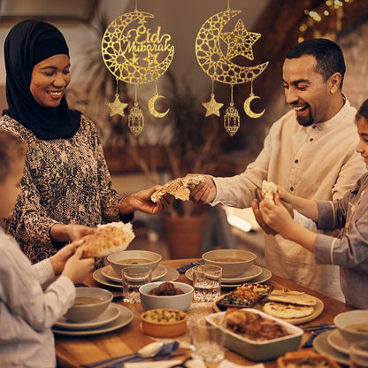 iLifemate Eid Decorations for Home, Eid Mubarak Moon & Star Wooden Hanging Ornaments – Gold Islamic Crescent Moon for Eid al-Fitr Sign, Muslim Home Decor, Eid Gifts, Ramadan Party Wall Door Wreath