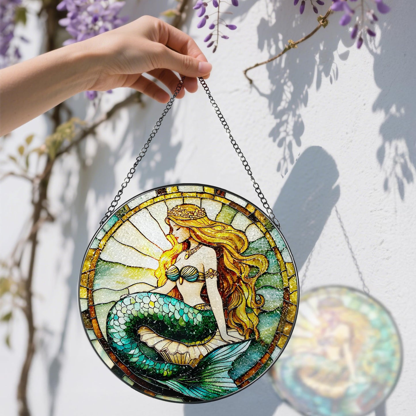 Stained Glass Window Hanging, 8 Inch Mermaid Suncatcher Stained Glass Ornament, Suncatchers for Windows Hanging, Sun Catchers Indoor Window, Mermaid Gifts, Gifts for Friends, Housewarming Gift
