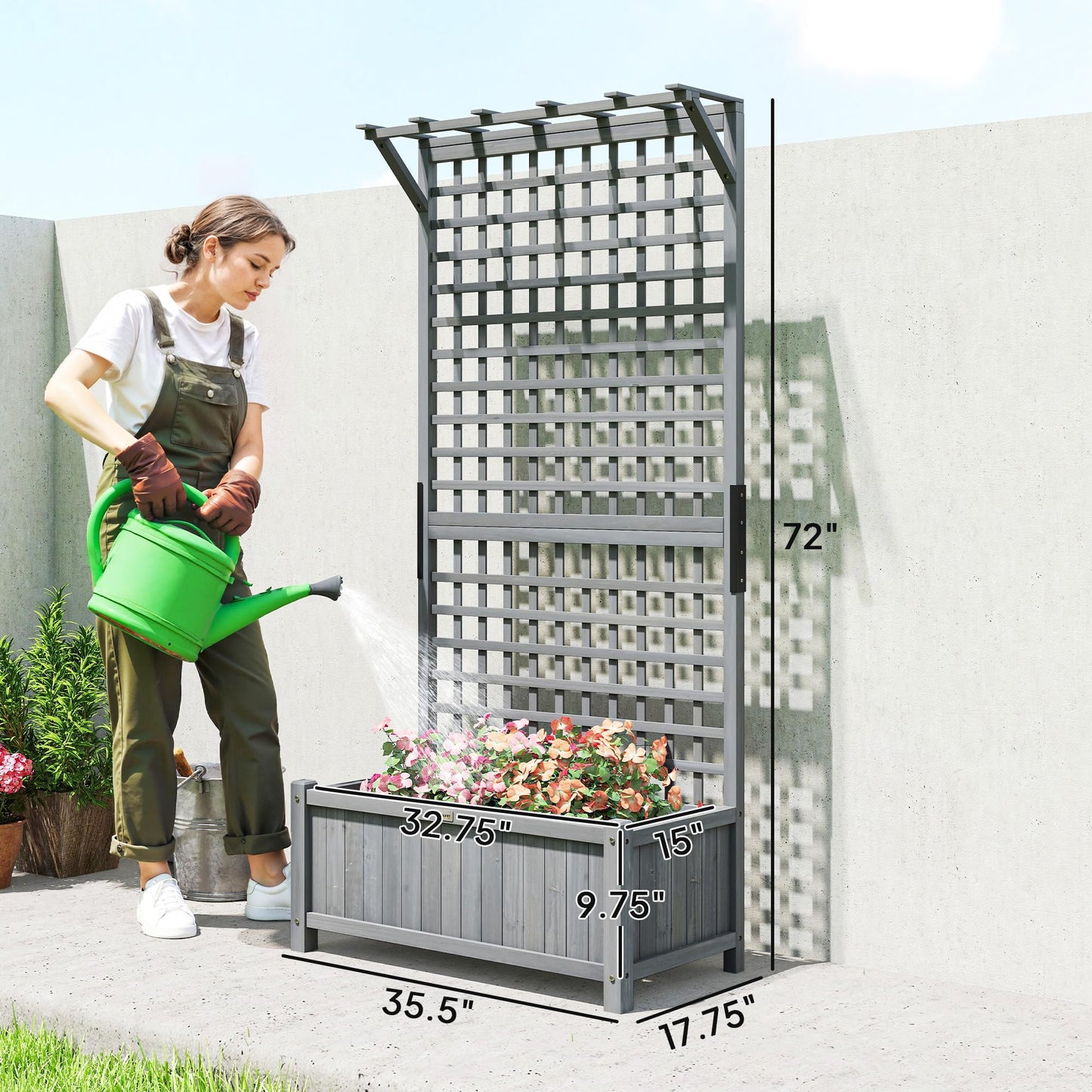 Outsunny Wood Planter with Trellis, Raised Garden Bed for Climbing Plants w/Drainage Holes and Roof, 35.5" x 17.75" x 72", Dark Gray