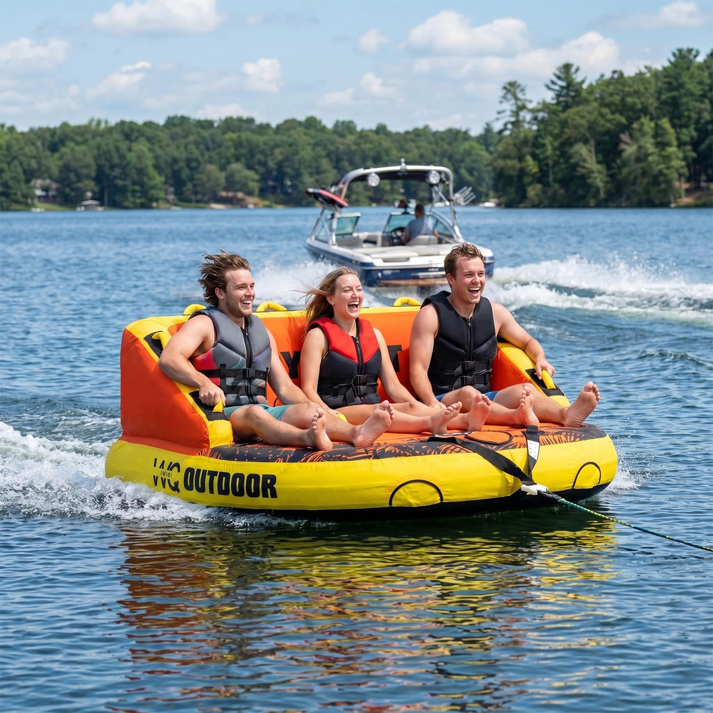 IWIQI Heavy-Duty Towable Tube for Boating, Boat Tubes with 840D Nylon Cover, Inflatable Water Sport Towables with Front Back Tow Points, Super Sofa Design,Maple Leaf 3 Rider