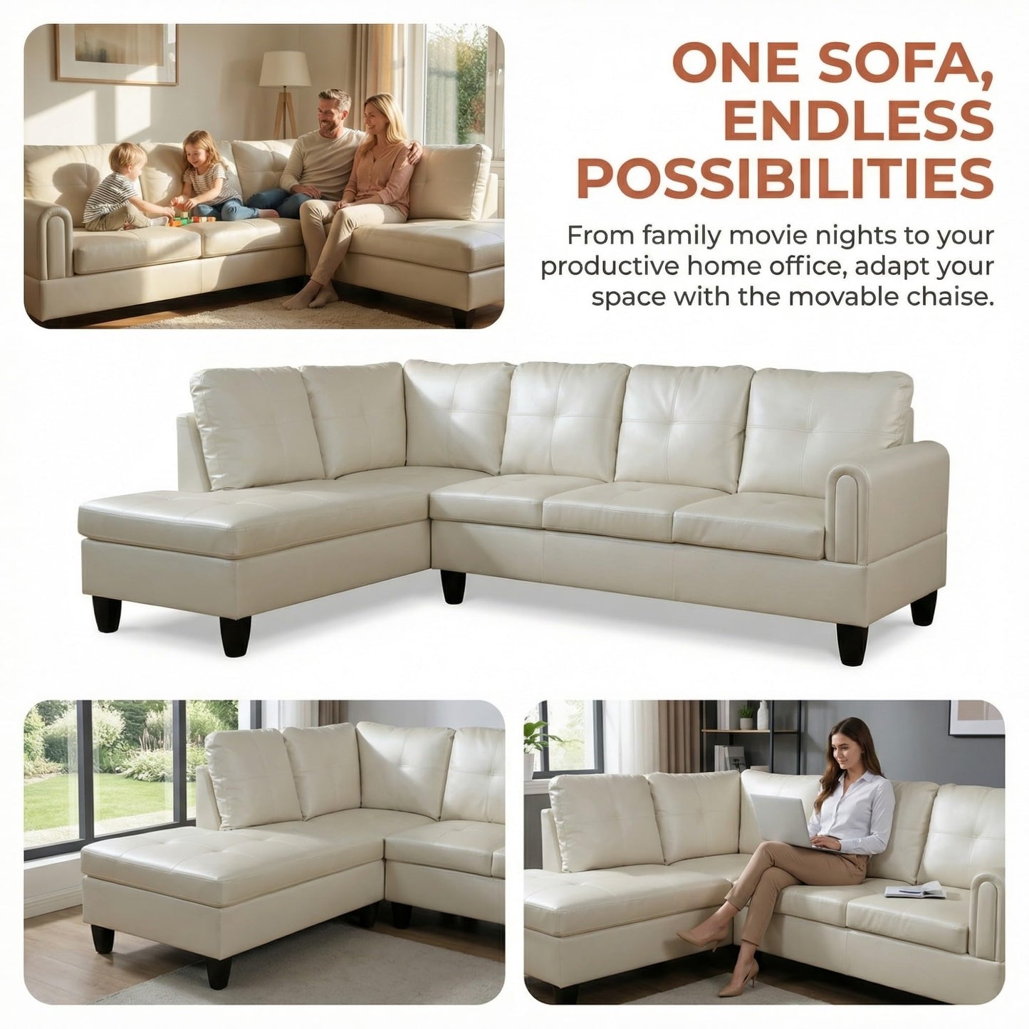 NicBex Leather Couches for Living Room, 2-Piece 97" L-Shaped Sectional Couch with Movable Chaise, Modern Sofa Living Room Set for Apartment, Office & Bedroom, Pearl White