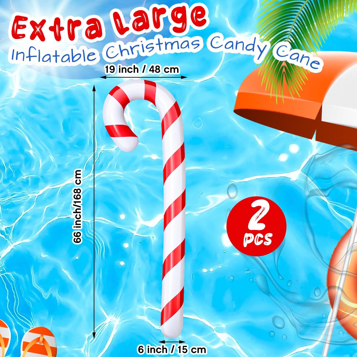 Leyndo 2 Pcs 5.5 ft Christmas in July Candy Cane Summer Christmas Candy Cane Inflatable Pool Noodles Jumbo Floats Swim Floating Noodles for Indoor Outdoor Swimming Pool (Red and White)