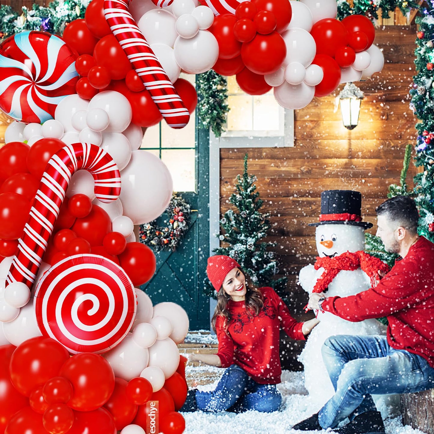 142 Pcs Christmas Balloon Garland Arch Kit with Xmas Red and white Candy Cane foil Balloons, Red White Candy Balloons for Christmas Party Decorations Birthday Supplies