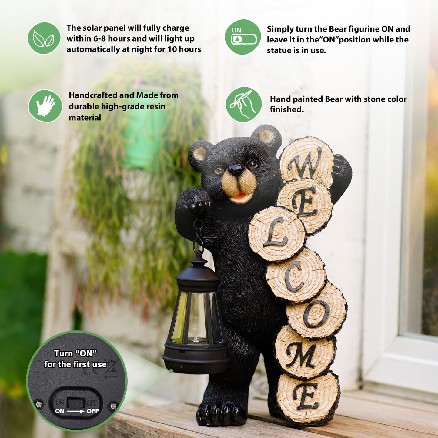 Qeeman Solar Bear for Garden Decor: Weatherproof Resin Statues