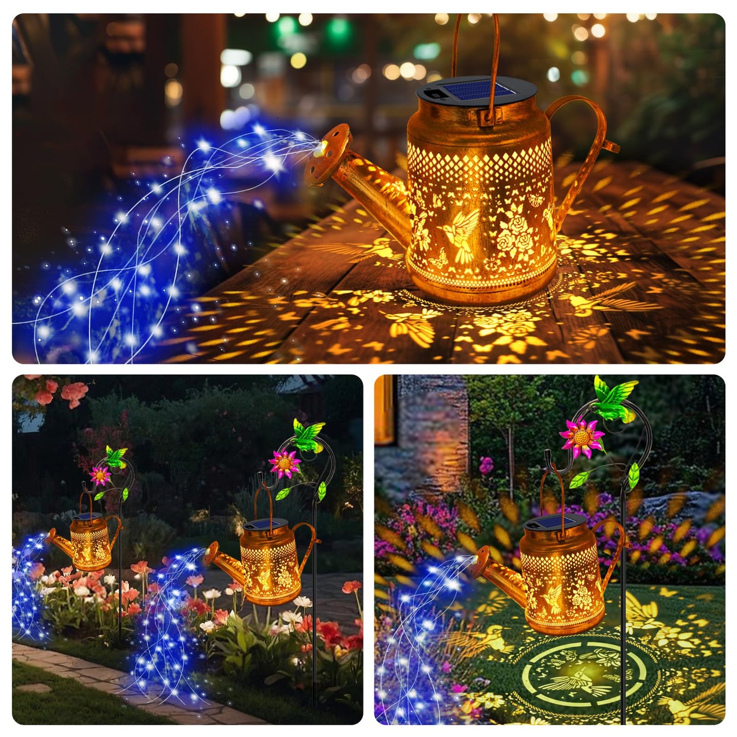 Solar Lanterns Outdoor Waterproof, Hummingbird Watering Can Garden Decor, Hanging Solar Path Lights Yard Art, Outside Patio Decoration Gardening Birthday Gifts for Mom Grandma Women with Shepherd Hook