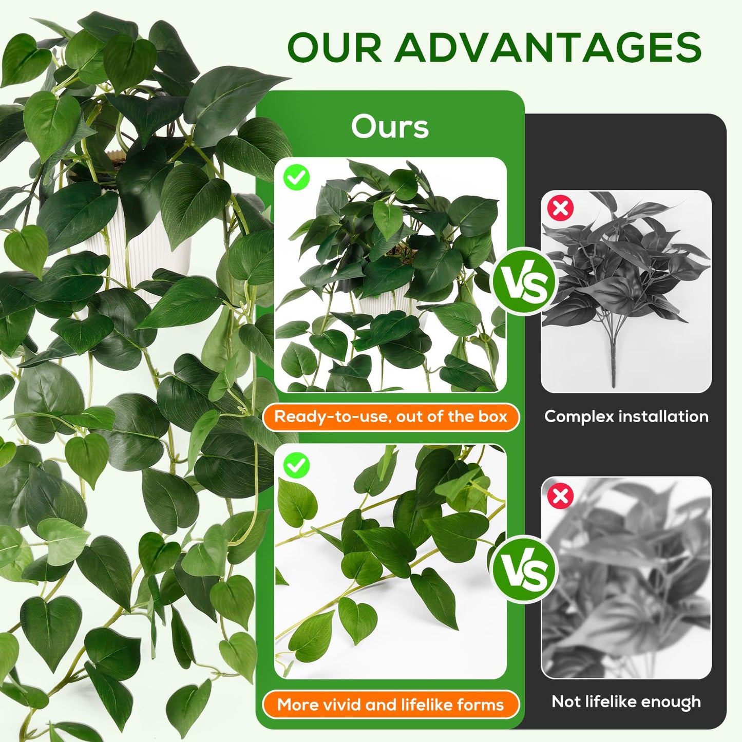 Tuvalud Fake Plants,Artificial Plants Indoor Faux Silk Hanging Pothos Fake Plants for Home Decoration, Low Cost and Easy Maintenance