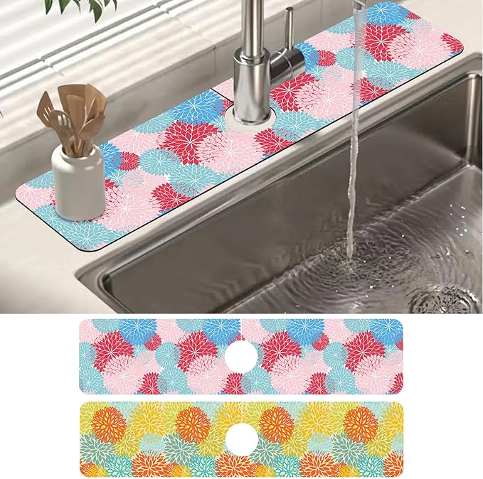 2 Pack Abstract Flowers Sink Splash Guard Faucet Mat Vintage Floral Super