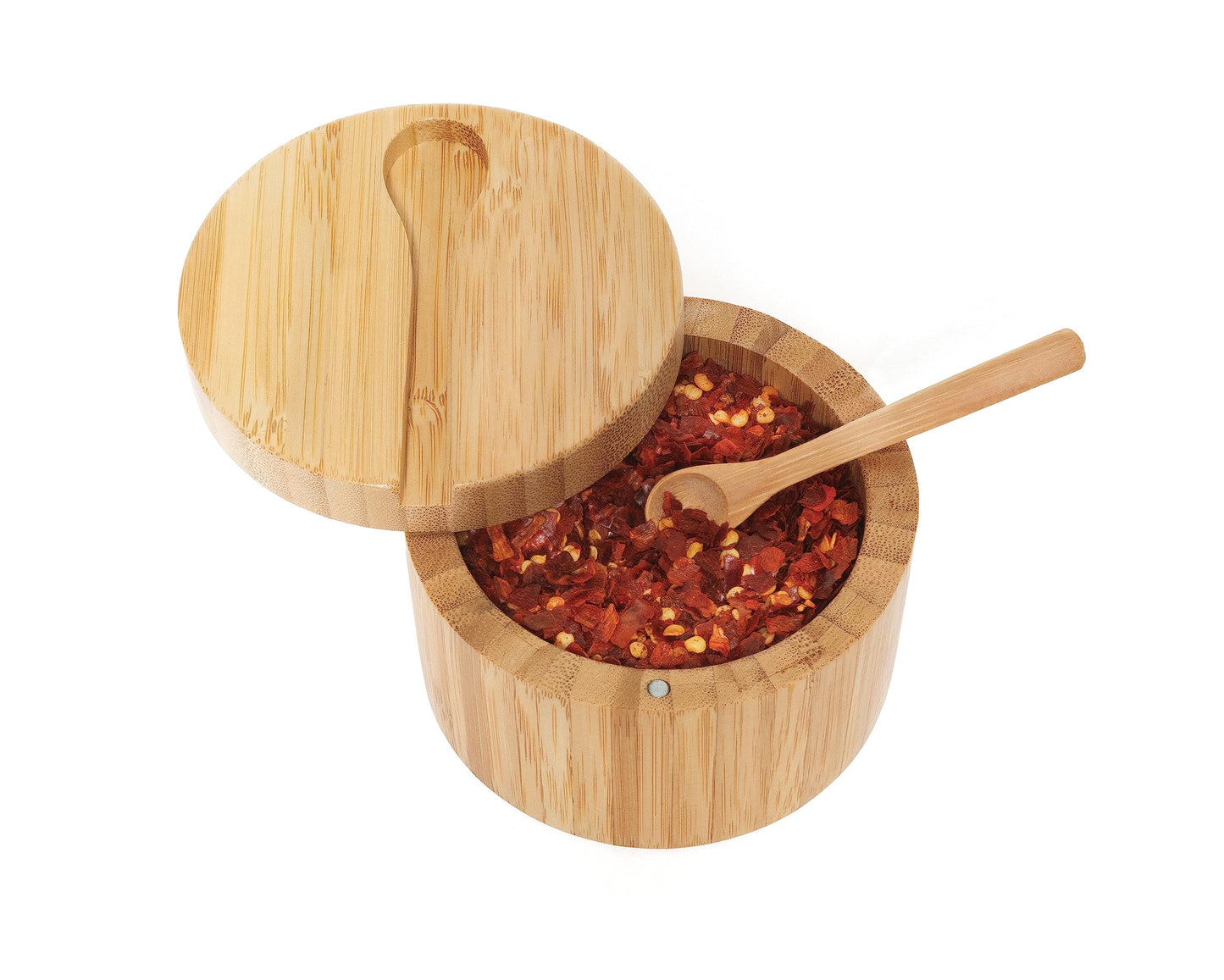 Lipper International Bamboo Wood Salt and Spice Box with Spoon and Swivel Cover, 4" Diameter x 2.75" Tall