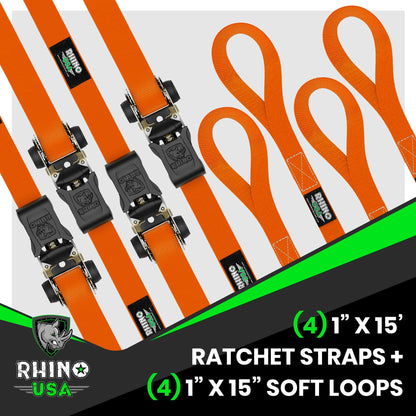 Rhino USA Ratchet Straps Tie Downs (4-Pack) - 1 Inch x 15 Feet (1,823lb Break Strength) - Ultimate Tie Down Straps with Safety S Hooks - for Trucks, Cargo, Moving, Appliances - Orange