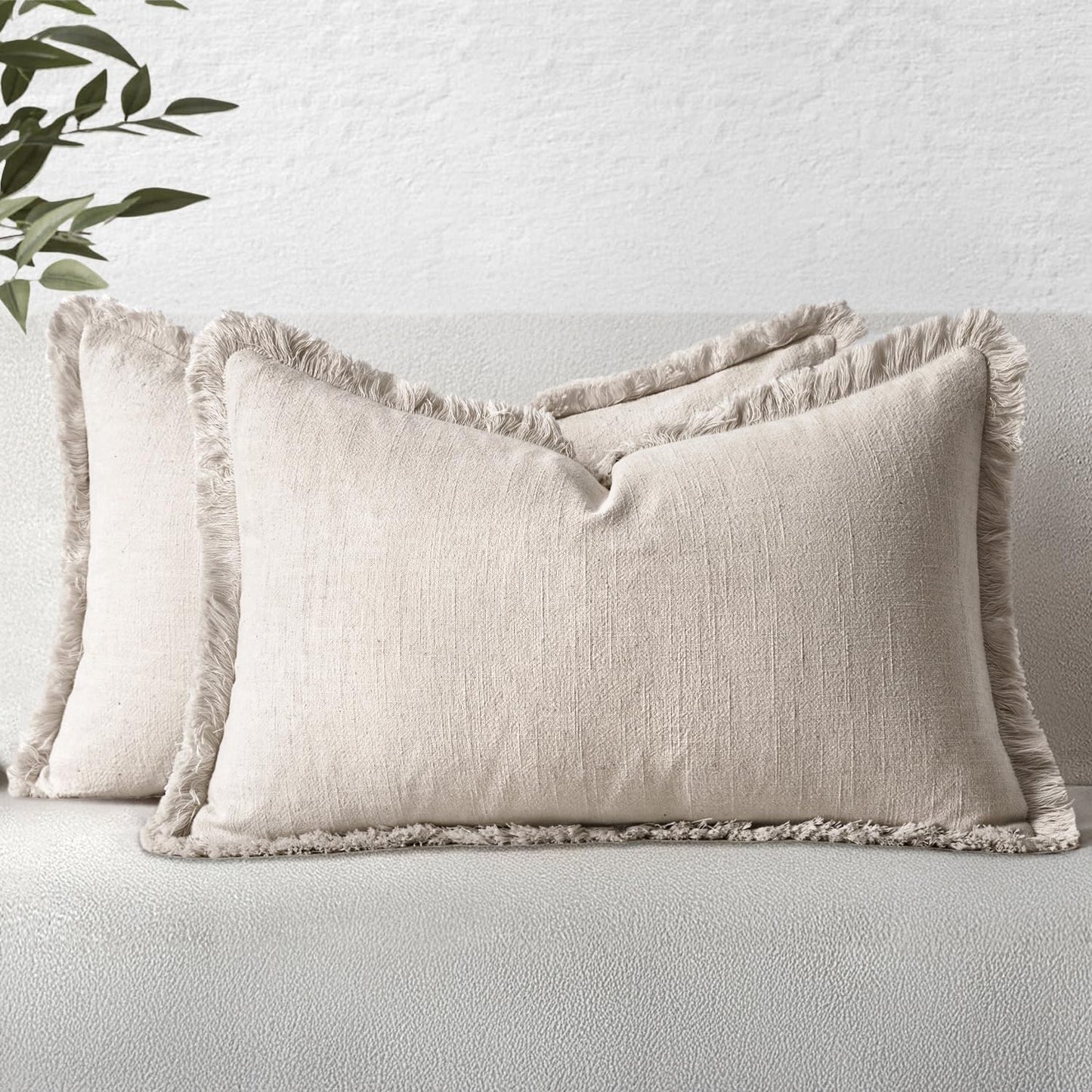 MIULEE Christmas Decorative Throw Pillow Covers Neutral Linen Fringe Fall Throw Pillows Set of 2 Natural Beige Boho Farmhouse Cushion Covers with Tassels for Couch Sofa Bed Home Decor 20x20 Inch