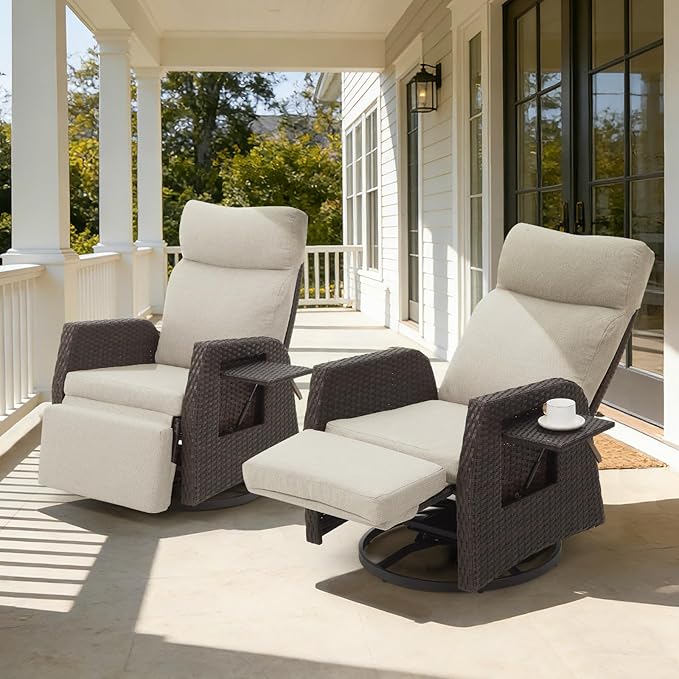 Adjustable Outdoor Recliner Chair with Independent Backrest & Footrest, Patio Swivel Recliner Chair, Wicker Reclining Patio Chair w/Flip-Up Table, 155° Lay Flat Chaise Lounge, Beige, 2PCS