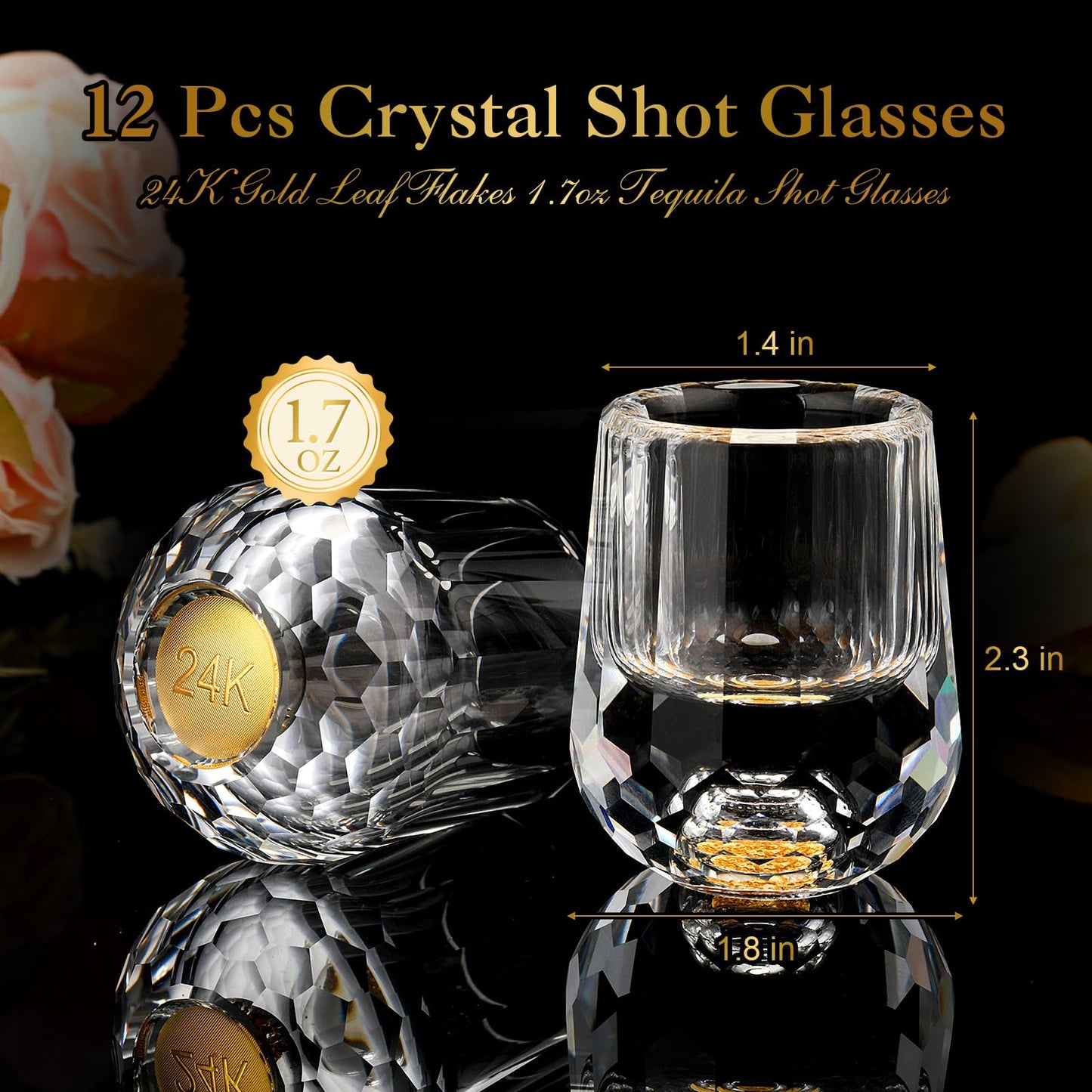 Skybooly 12 Pcs Small Crystal Shot Glasses with 24k Gold Leaf Flakes - Mini Diamond Tequila Whiskey Shot Glasses Set Luxury Drinking Glassware for Party Bar Decor Collection Gift (mini,0.338 oz)