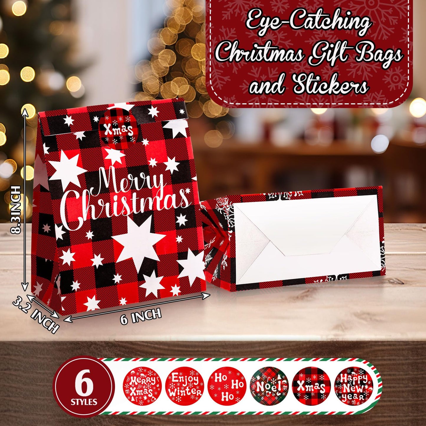 24 Pack Christmas Paper Gift Bag Xmas Goodies Candy Bags with 24 Pieces Christmas Theme Stickers Xmas Treat Tote Bags Party Decorations for Xmas Party Favors Supplies(Bright Style)