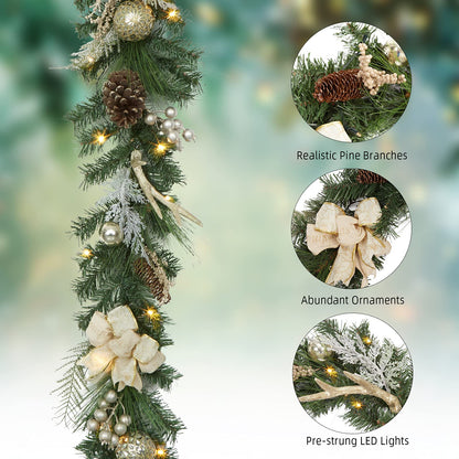 LinTimes Christmas Garland with 20 Led Lights, 6 Ft Pre-Lit Gold Xmas Garland with Faux Antlers Bow-Knot Ball Ornaments, Battery Operated Garland with Timer for Mantle Staircase Table Decoration
