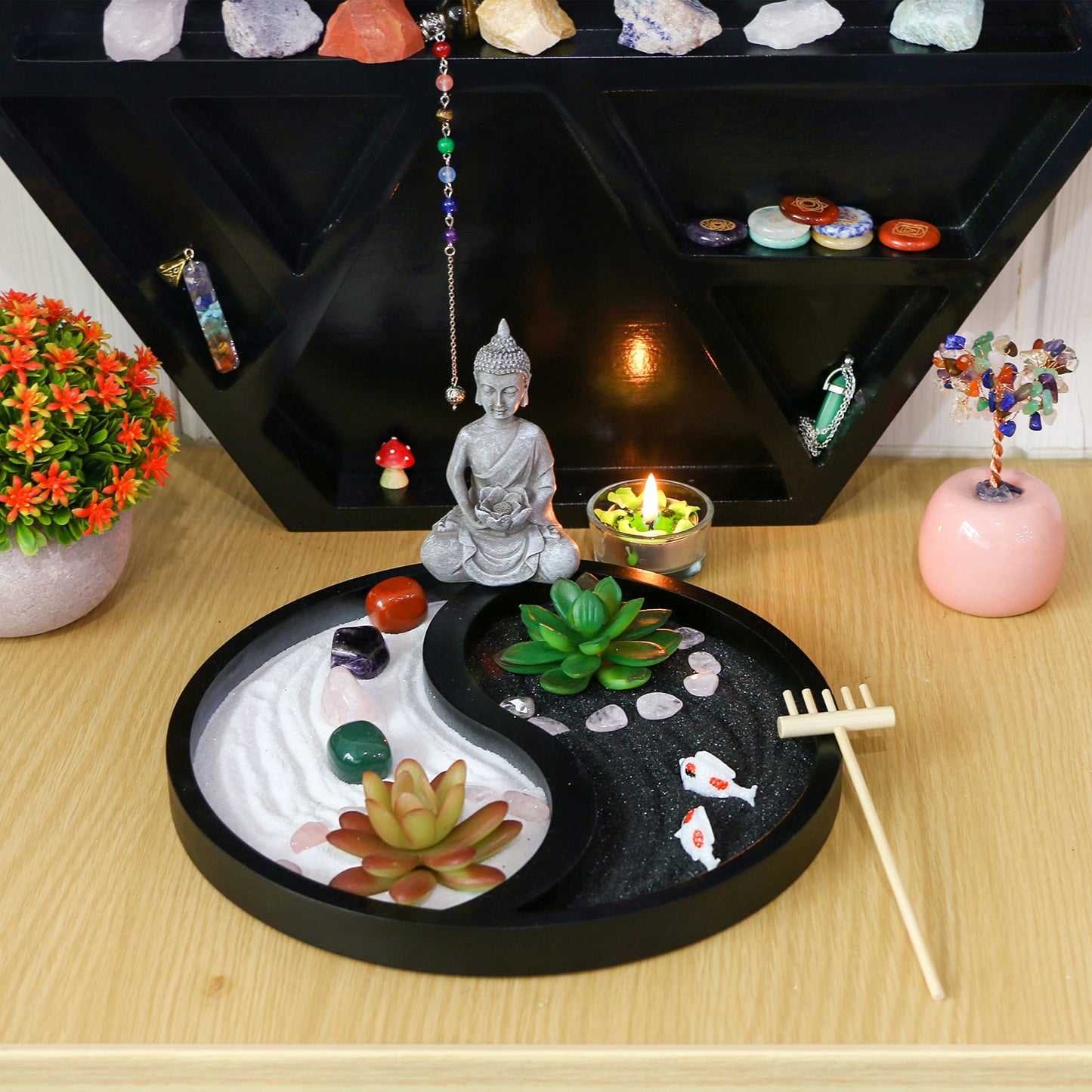 BangBangDa Buddha Meditation Zen Garden Kit - Home Office Tabletop Taiji Yin Yang Sand Garden Altar Zen Decor Zen Gifts DIY Mini Chakra Crystal Quartz Rock Garden w/Nature Healing Stone Rake Tool