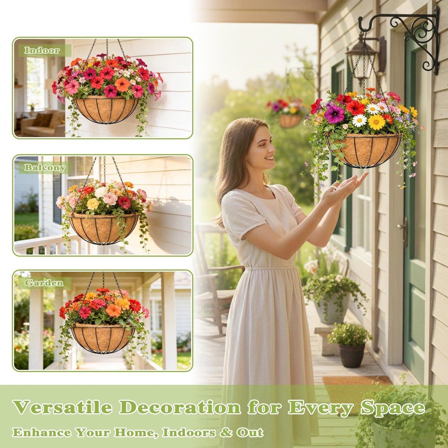 Qusuxi 4 Pack 14 Inch Hanging Baskets for Plants Outdoor Metal Hanging Planter Hanging Flower Baskets with Coco Fiber Liners Chain Round Wire Plant Holder Hanging Flower Pots(Watermelon)