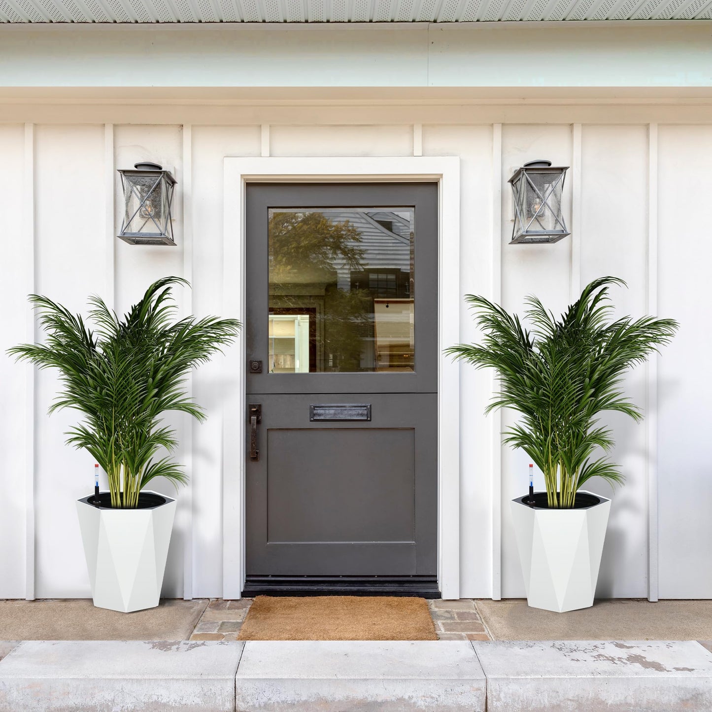 LuyFuitre Set of 2 Tall Planters for Outdoor Plants, 16 Inch Tall Planter Pots with Water Level Monitor, Wheels & Inner Bucket for Indoor Outdoor, White