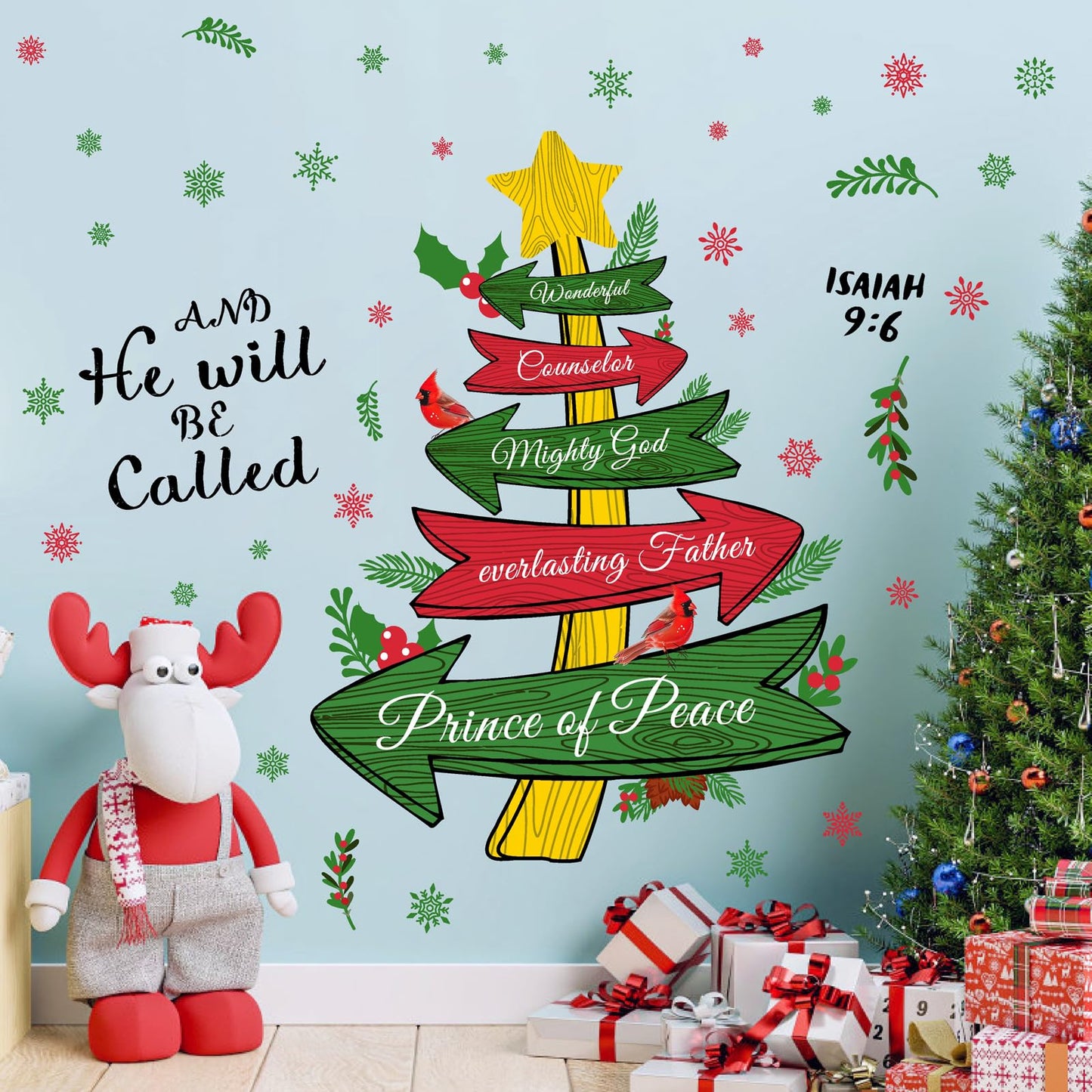 Christmas Wall Stickers Inspirational Xmas Quotes Wall Decals Peel and Stick Jesus Christmas Tree Stickers for Wall Decoration Snowflake Holiday Wall Art Decals for Living Room New Year Party Supplies