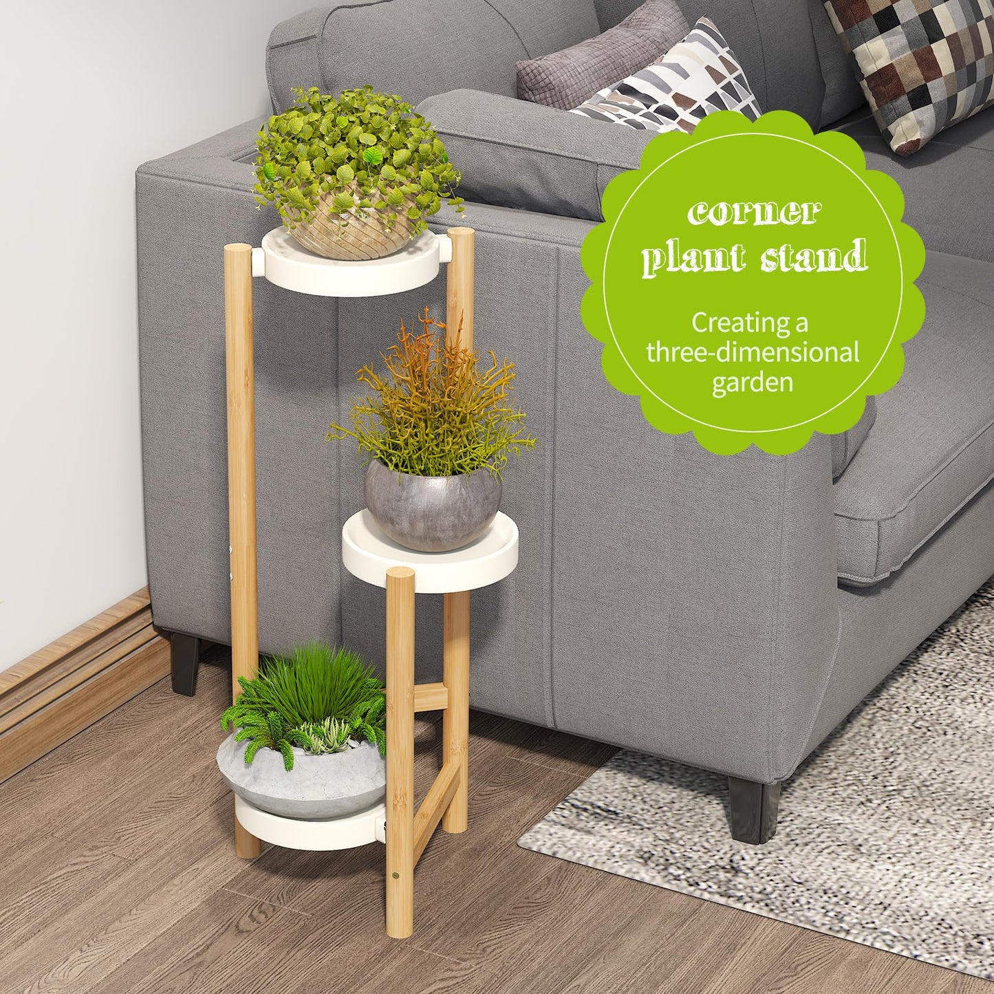 BMOSU Plant Stand For Indoor Outdoor Bamboo 3 Potted Holder Shelf Plant Rack Plants Corner Plant Shelf Plant Display Rack(White)