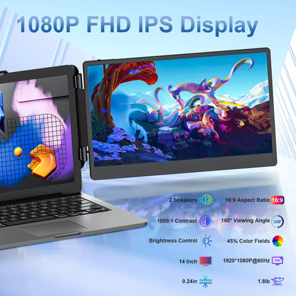 2025 New Upgraded Laptop Screen Extender Portable Monitor, 1080P FHD IPS Screen, Monitor Extender for Laptop, Fit for 13-17" Laptops, Plug & Play Compatiable with Windows/Mac/Android/Switch (14 inch)