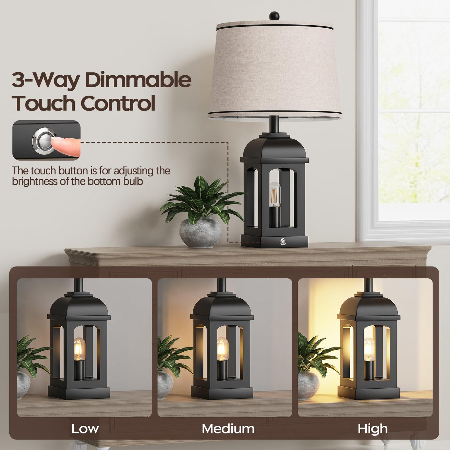 QiMH Table Lamp for Living Room, Farmhouse Lamps Set of 2 with USB A+C and Nightlight, 26" Rustic Bedside Lamps with 3-Way Dimmable Touch Control, Nightstand Lamp for Bedroom Decor, Black