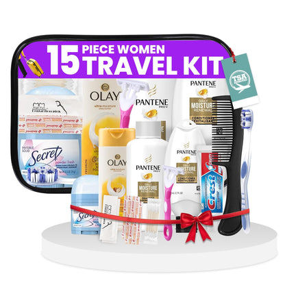 Trektote Travel Toiletry Kit For Women – 15 Piece Set of Travel Size Toiletries, TSA Compliant, Travel Essentials, Includes Shampoo And Conditioner, Body Wash, Toiletry Bag & More