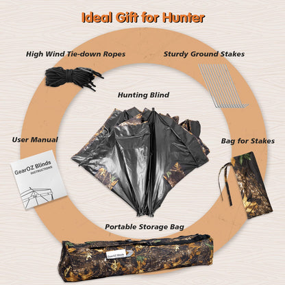 GearOZ Hunting Blind, 270° See Through Ground Blinds Camouflage Waterproof Pop-up Tent for Deer Turkey Duck Bow Hunting, 2-3 Person Portable Concealed Tent Silent Adjustable Windows with Carrying Bag