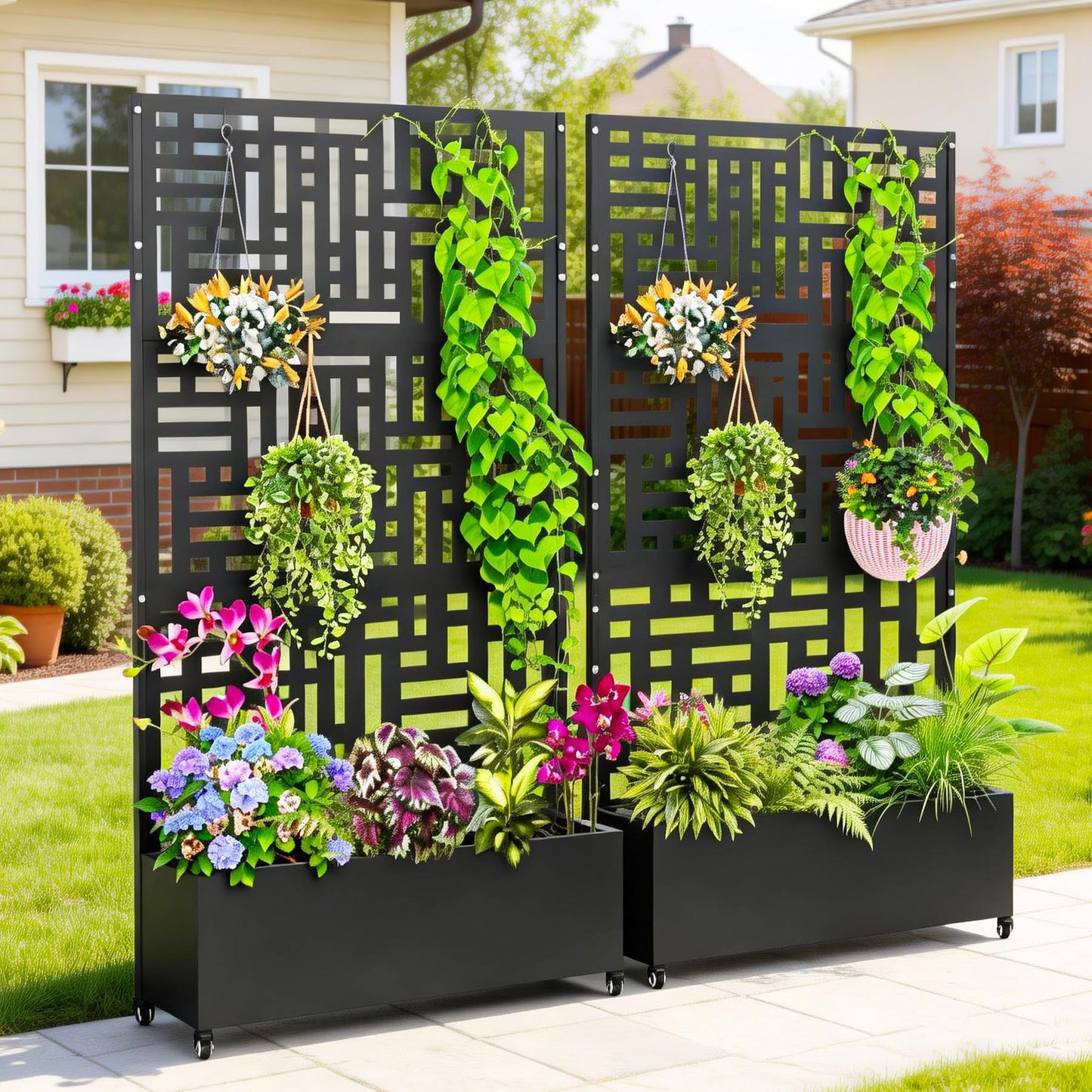 Nexum Metal Planter Box with Trellis & Wheels, 71"x47"x16" Planter Boxes Outdoor with Drainage Holes, Privacy Planters for Patio, Balcony, Backyard, Poolside