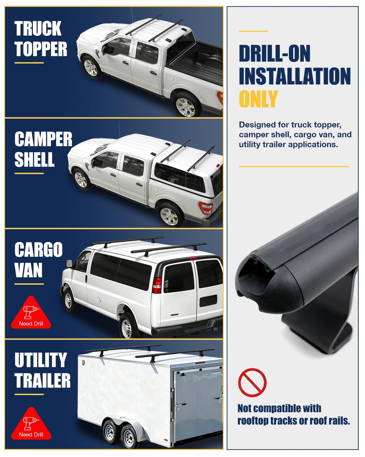 Mountainpeak 500LB Capacity Pickup Truck Topper Ladder Rack Camper Shell Roof Rack for Van Trailer Truck Cap Rack - 60" Crossbar Aluminum Black