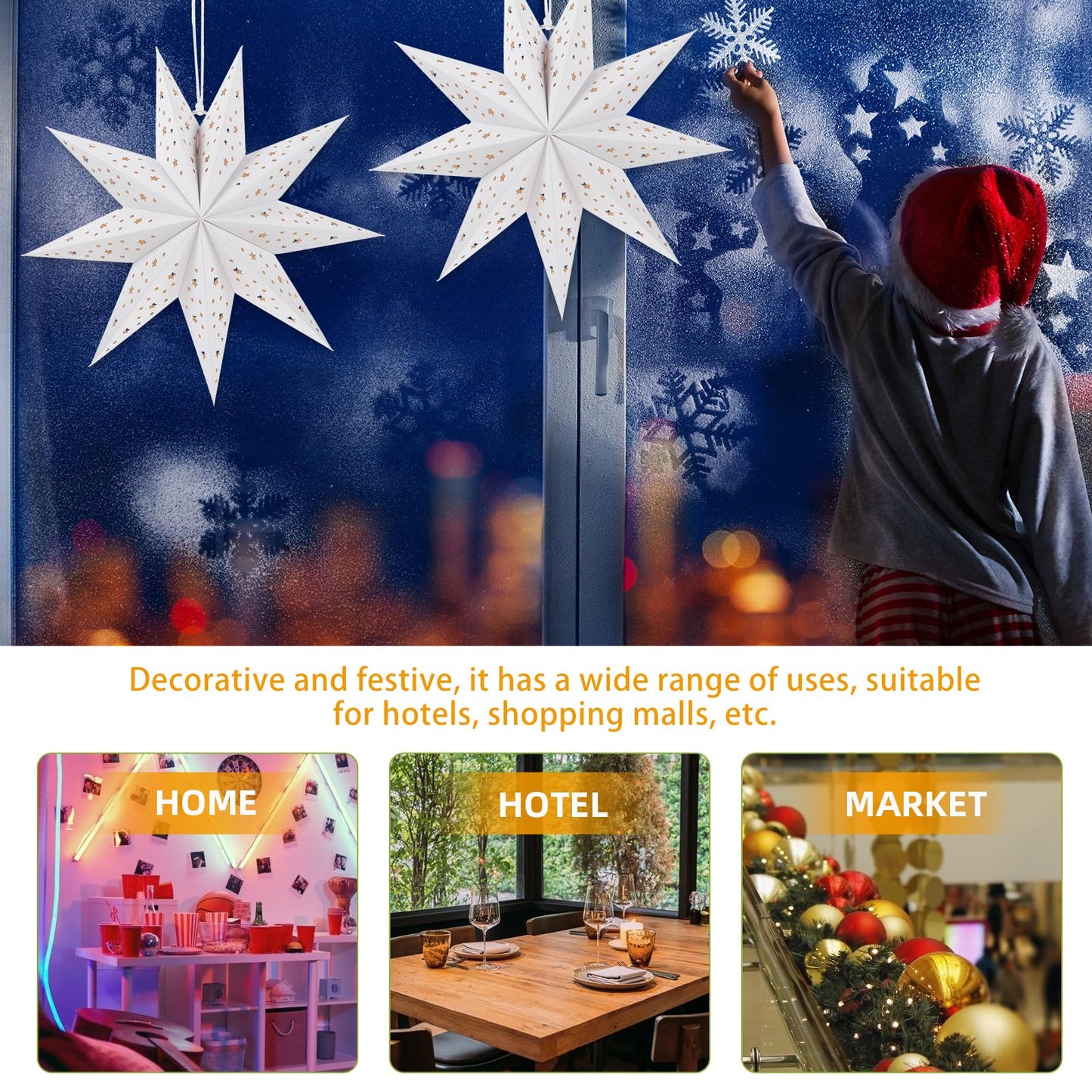 TOYANDONA Christmas Paper Lampshades: 3pcs White 9 Pointed Star Lampshade Lantern Shade Hanging Decorations, 35cm Hollow Out Lamp Covers for Wedding Birthday Holiday Christmas Party Hanging Decoration