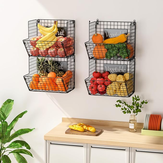 X-cosrack Metal Wire Basket Wall Mount, 4 Tier Extra Large Wall Storage Basket