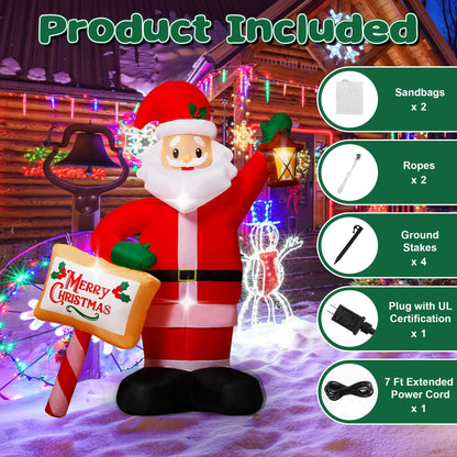 7FT Christmas Inflatables Santa Claus Outdoor Decorations, Blow up Santa Inflatables Holding Lantern & Merry Xmas Sign with Built-in LED Lights, Outdoor Holiday Yard Decor for Garden Lawn Porch