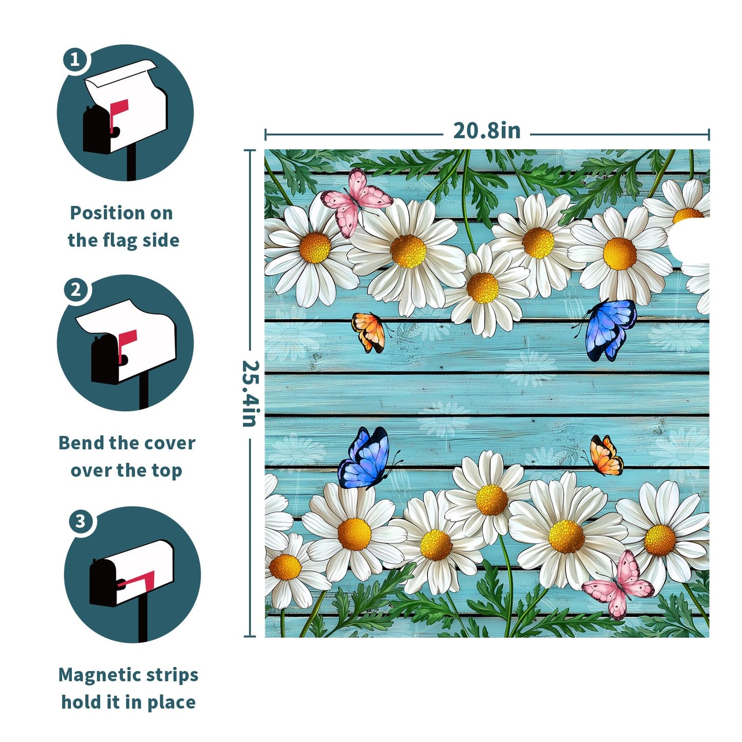 Rustic Spring Summer Daisy Mailbox Covers Magnetic Large Size Spring Teal Old Wood Board Magnetic Mailbox Covers Daisy Floral Mailbox Wrap Post Letter Box Cover for Garden Yard Decor 25x21 Inch