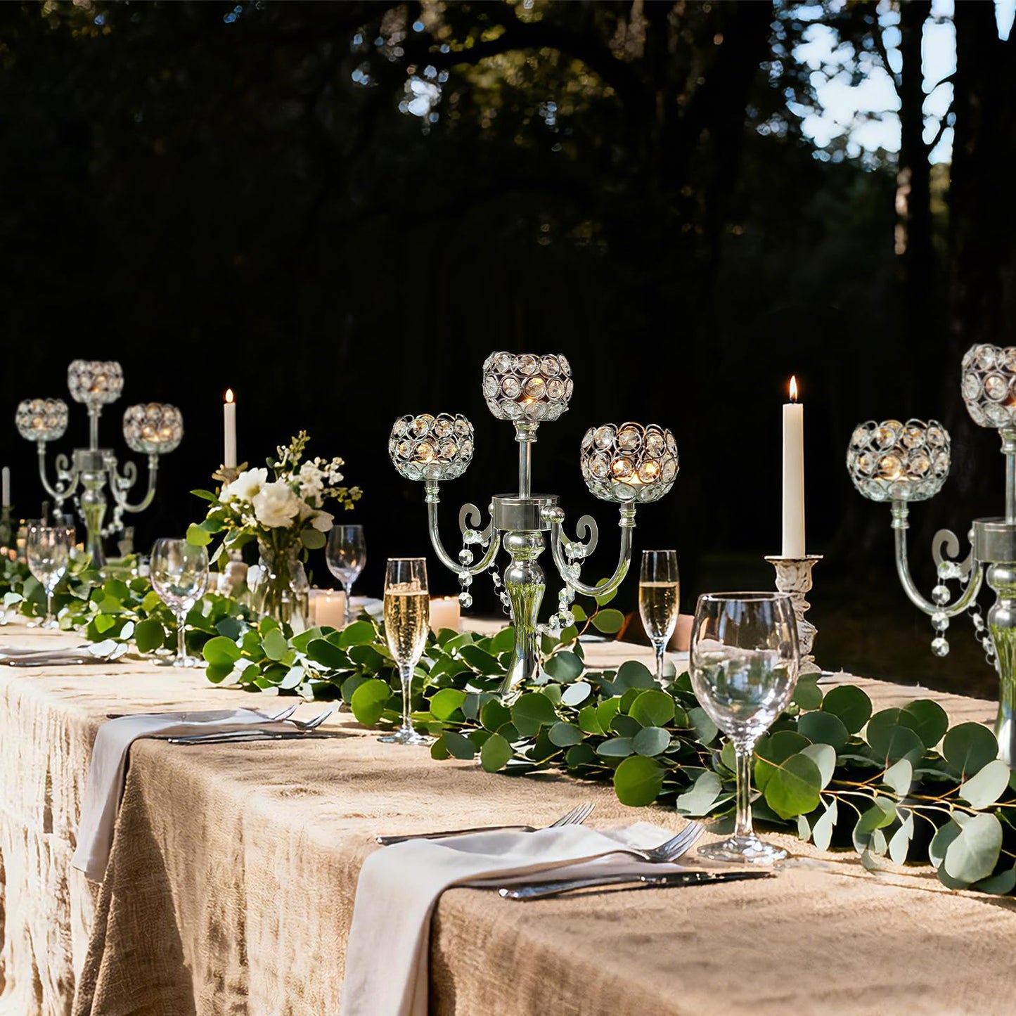 3-Arm Metal Candelabra with Crystal Bowls, Tealight Holder Centerpiece for Birthday, Dining Table, Party Decor, Christmas and Home Decoration (2, Silver)