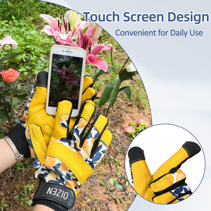 Cowhide Leather Thorn Proof & Puncture Resistant Gardening Gloves for Women and Men, Touchscreen Compatible Working Gloves for Weeding, Digging, Planting, Gardening Gifts for Women (Yellow, 1 pair, M)