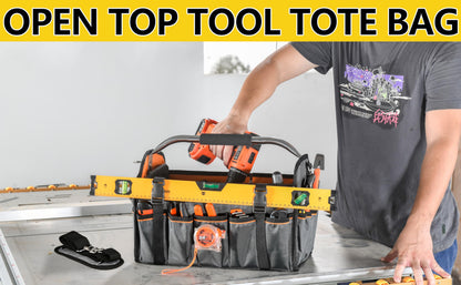 Aupofit 16 Inch Open Top Tool Bag, Pro-Grade Thick 1680D Fabric, Heavy Duty Foldabe Work Bag with Orange Interior Stainless Steel Handle & Padded Shoulder Strap, Easy Tool Access